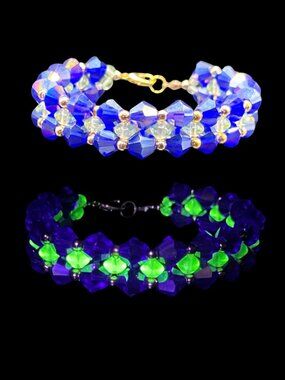 Handcrafted Uranium Glass Bead Bracelet Blue and Yellow-Green in Gift Box
